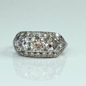 Art Deco Palladium Three Stone Diamond Ring G-H VVS2 Size 6.5 JR1485